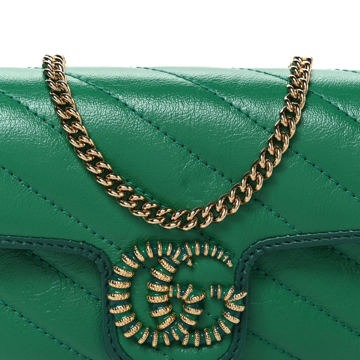 Azalea Calfskin Enamel Matelasse Diagonal Super Mini Torchon GG Marmont Shoulder Bag New Shamarock Emerald