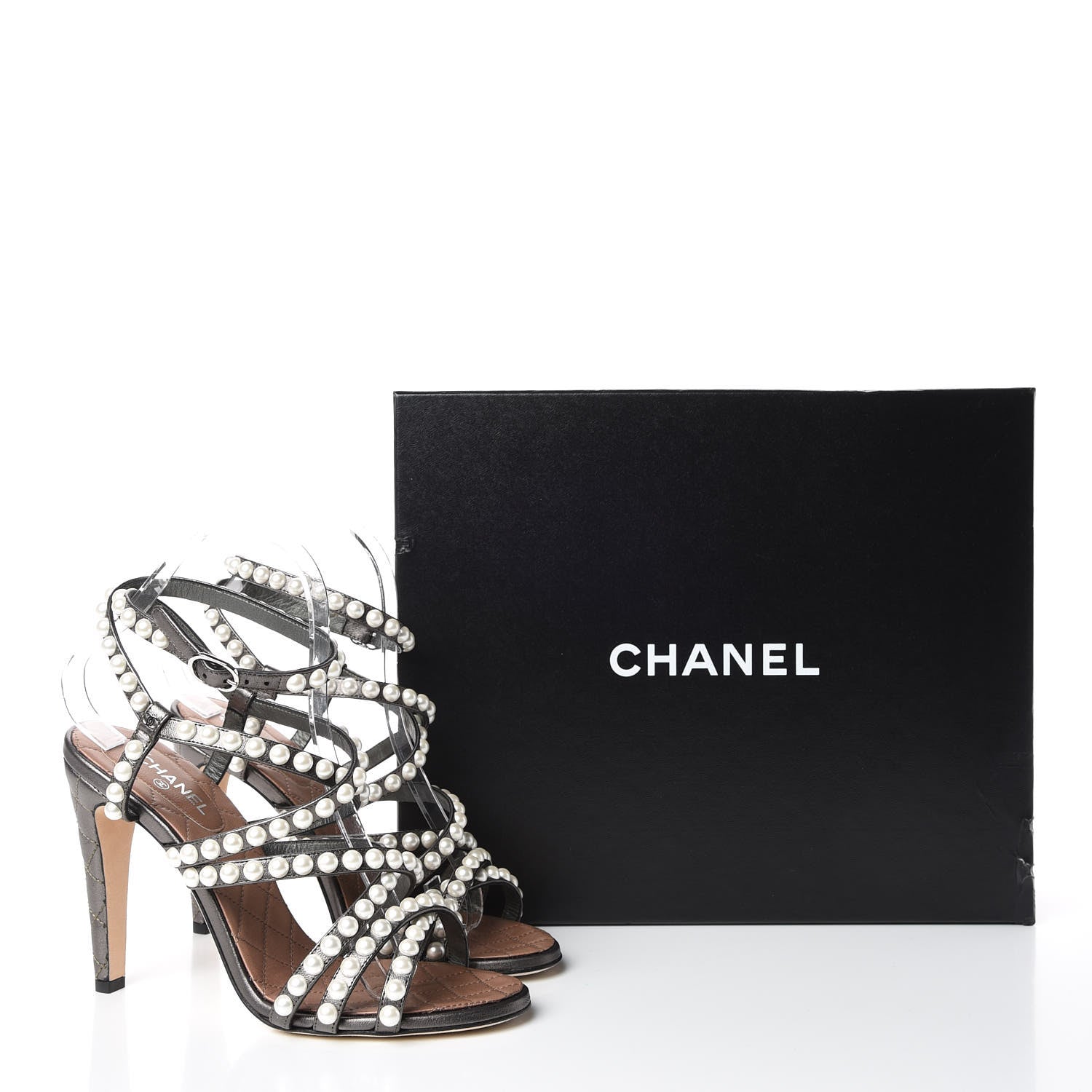 Chanel Laminated Lambskin Quilted Pearl Sandals 37 Khaki 8 of 8