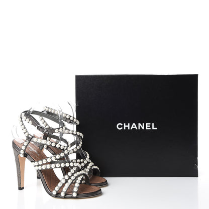 Chanel Laminated Lambskin Quilted Pearl Sandals 37 Khaki 8 of 8