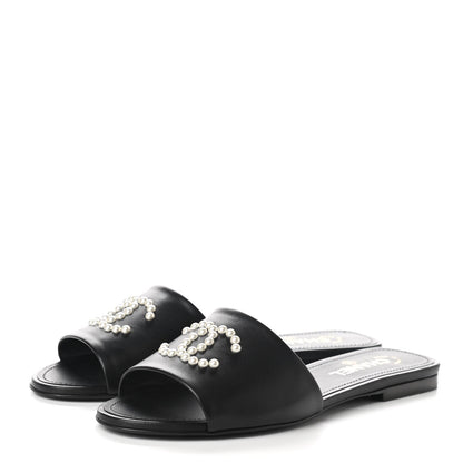 Chanel Lambskin Pearl CC Sandals 40 Black 3 of 9