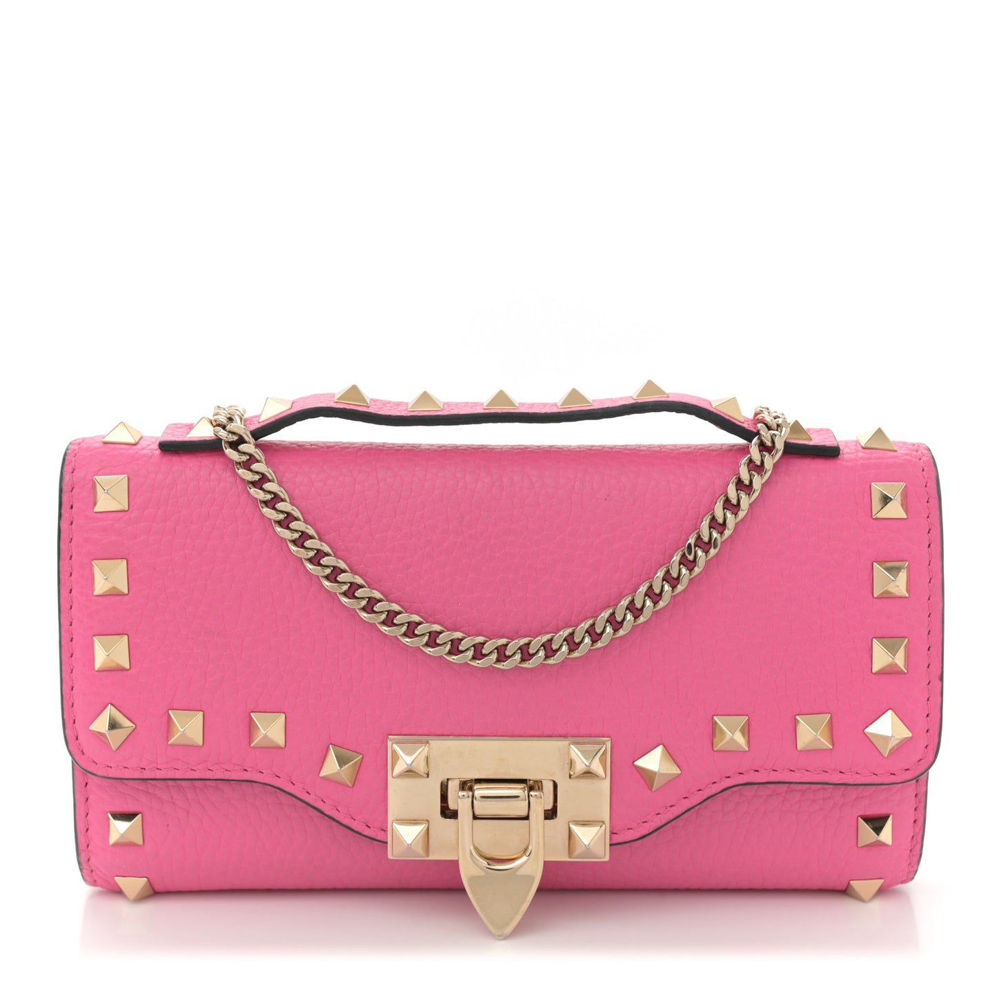 Pebbled Calfskin Rockstud Flip Lock Wallet On Chain Feminine Pink