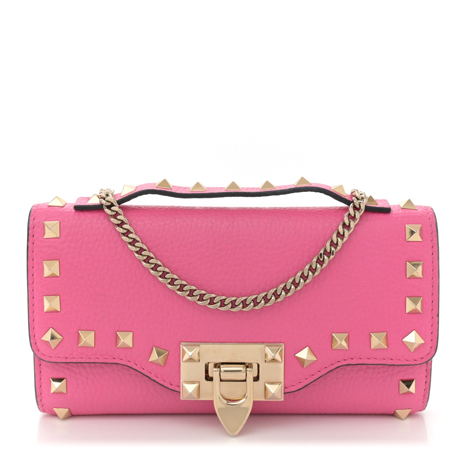 Valentino Garavani Pebbled Calfskin Rockstud Flip Lock Wallet On Chain Feminine Pink 1 of 11