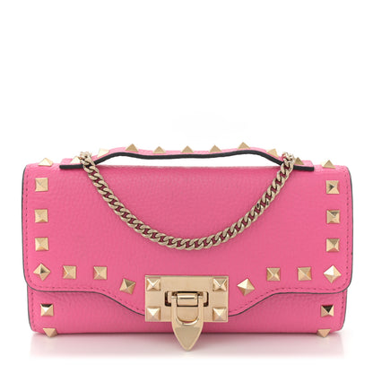 Valentino Garavani Pebbled Calfskin Rockstud Flip Lock Wallet On Chain Feminine Pink 1 of 11