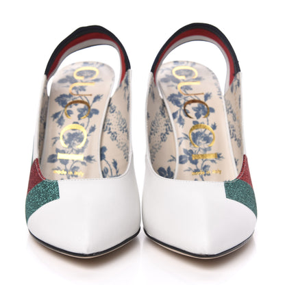 Gucci Calfskin Glitter Web High Heel Slingback Pumps 37.5 White 2 of 11
