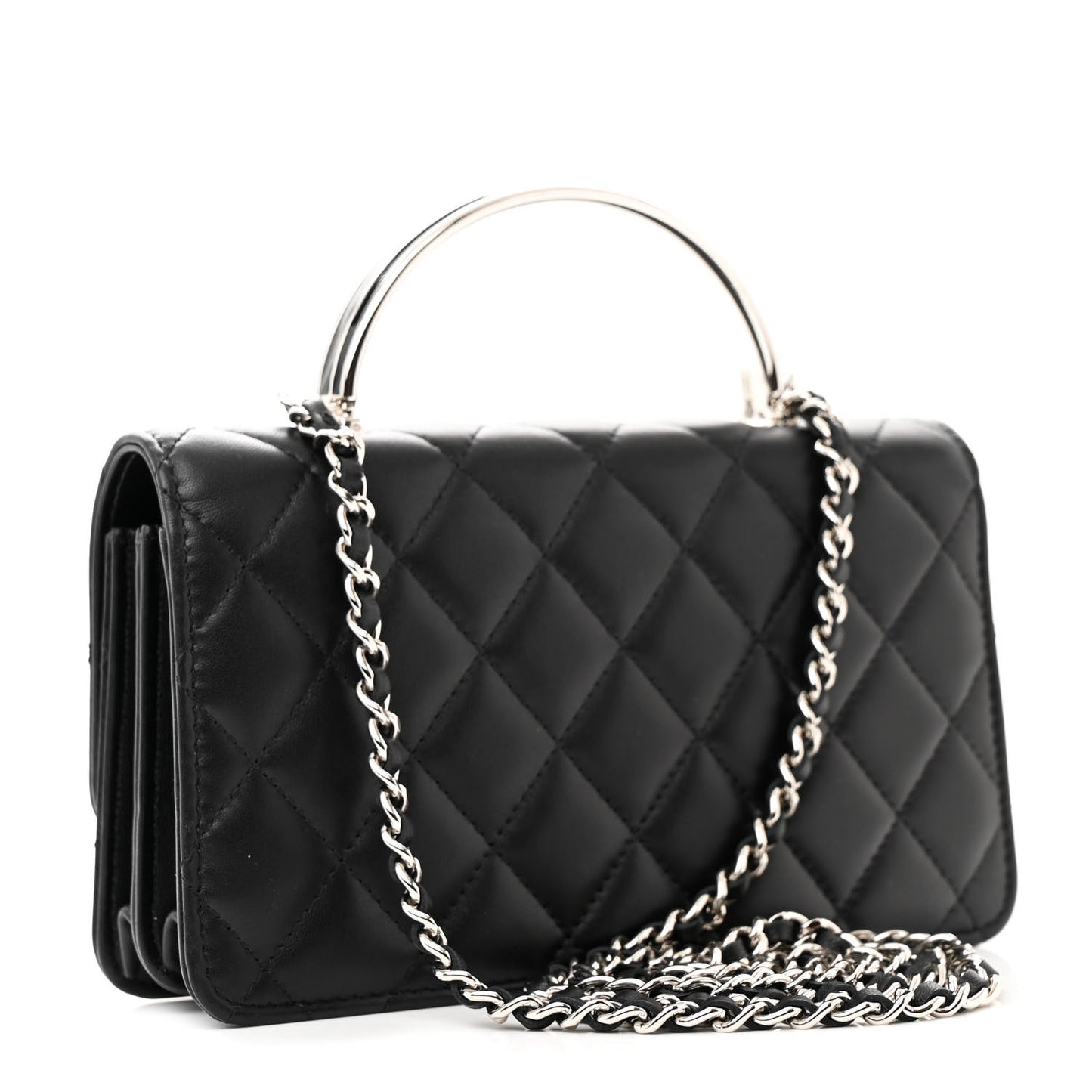 Lambskin Quilted Metal Top Handle Crossbody Flap Black