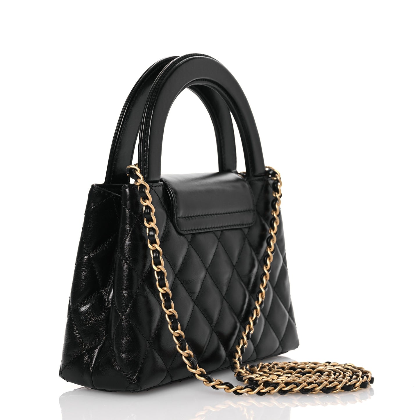 Shiny Aged Calfskin Quilted Nano Kelly Shopper Black