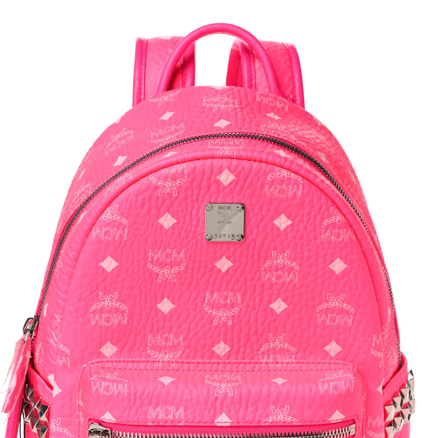 MCM Visetos Small Side Stud Stark Backpack Neon Pink 7 of 9
