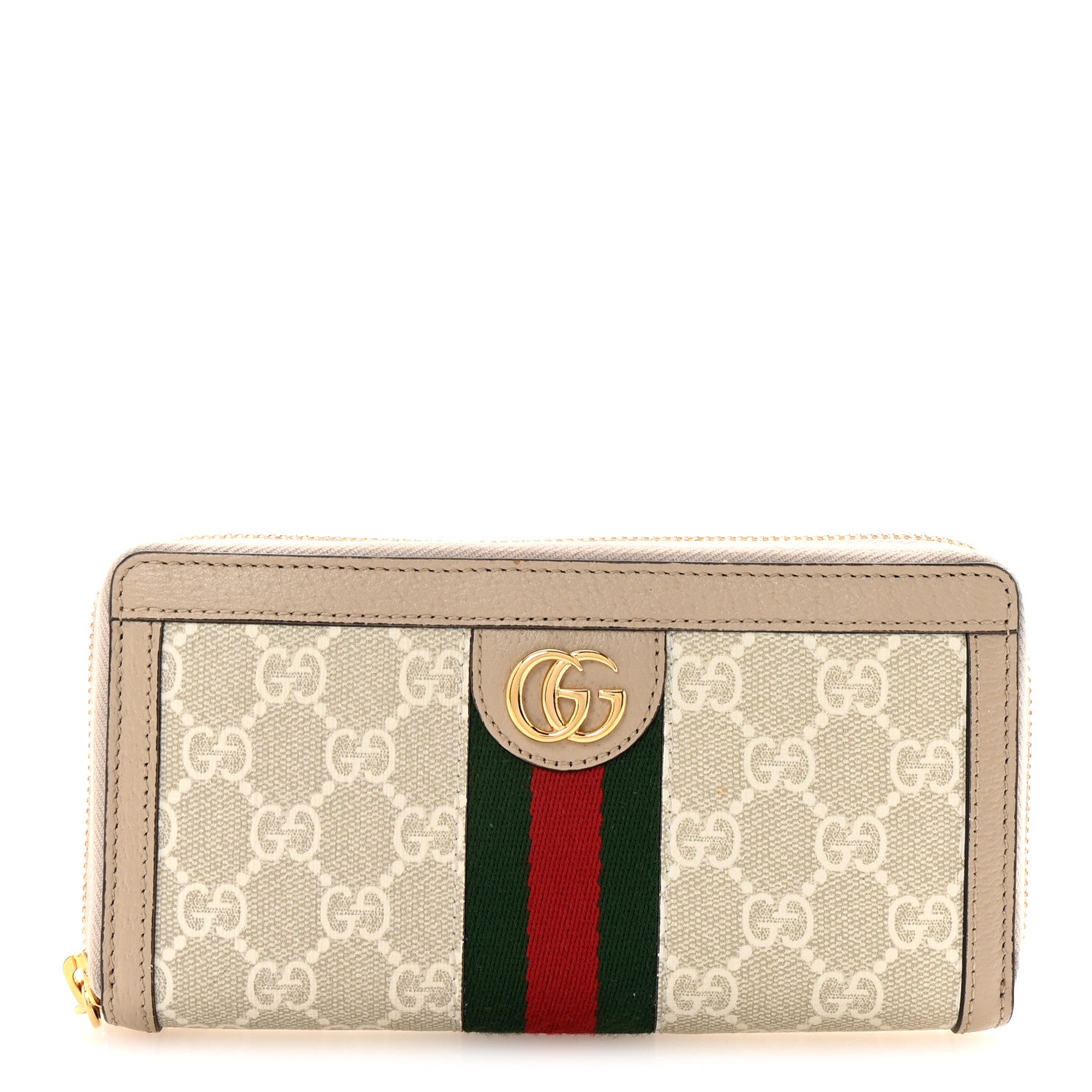 Gucci GG Supreme Monogram Textured Dollar Calfskin Web Ophidia Zip Around Wallet Beige Mystic White Oatmeal 1 of 7