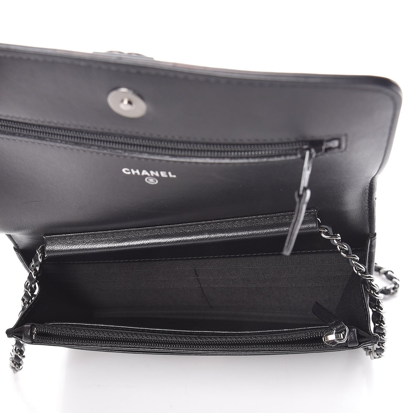 Calfskin Crystal Studded Chevron Boy Wallet On Chain WOC Black
