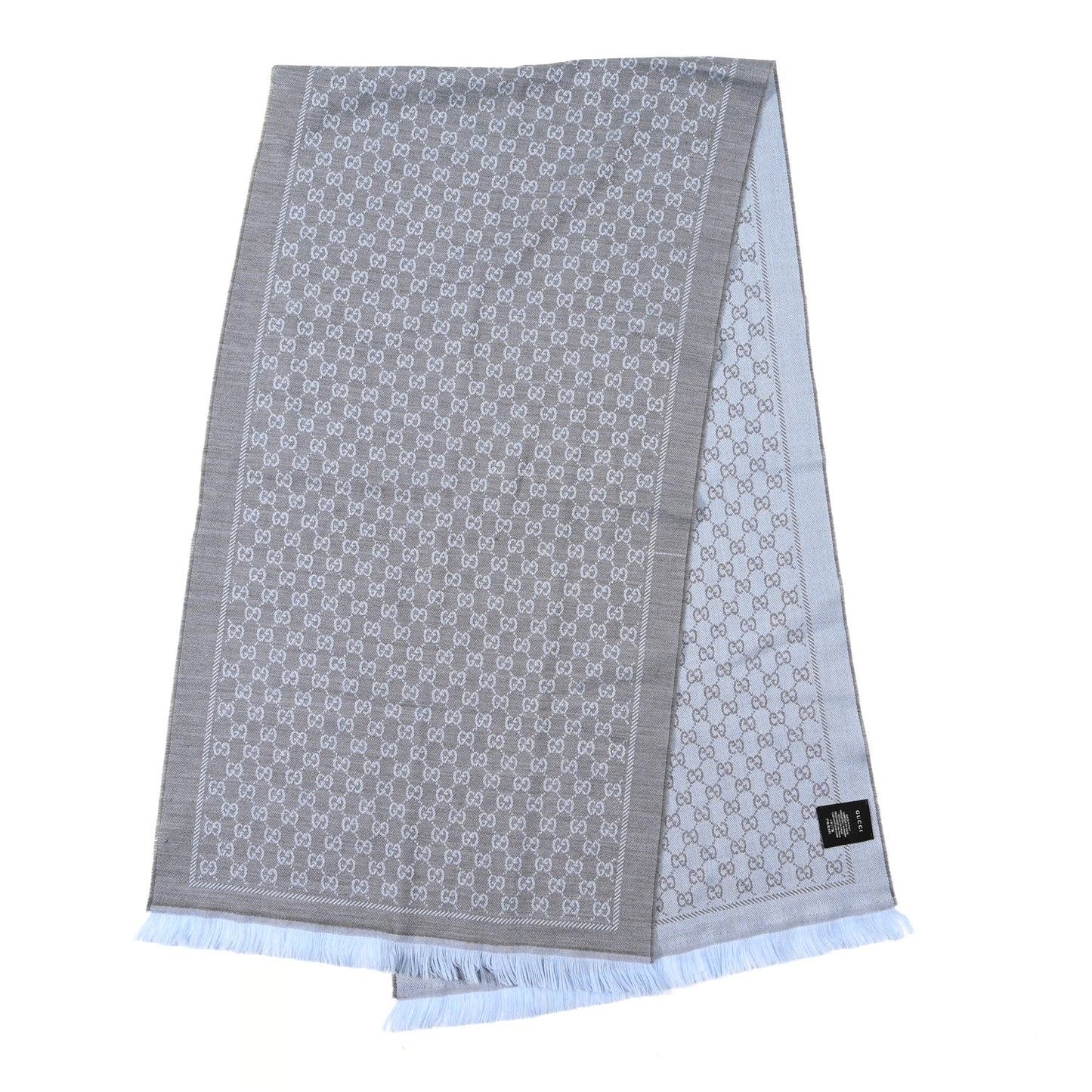 Wool GG Monogram Reversible New Sten Fringe Scarf Flannel Sky Blue