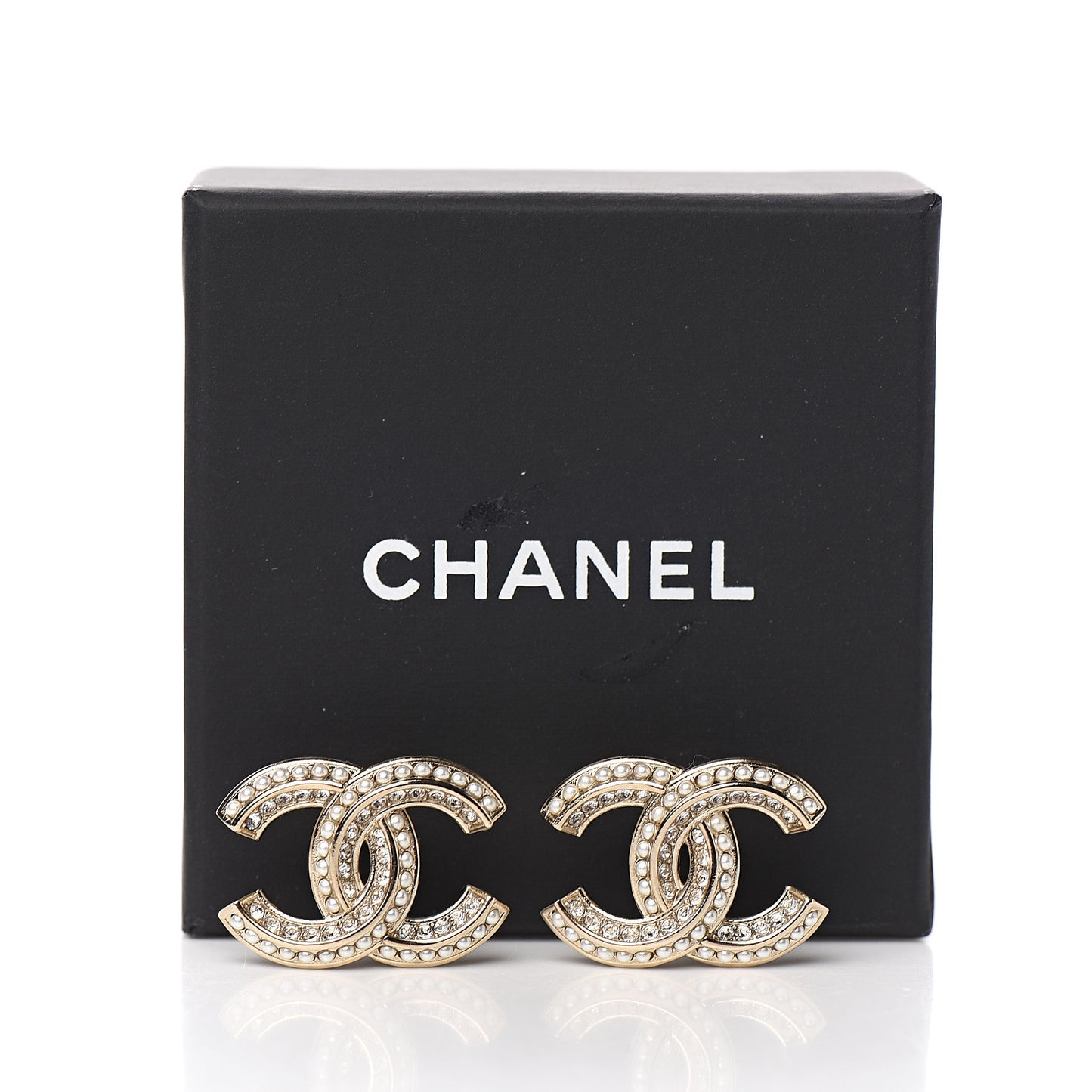Crystal Pearl Chain Mania CC Earrings Gold