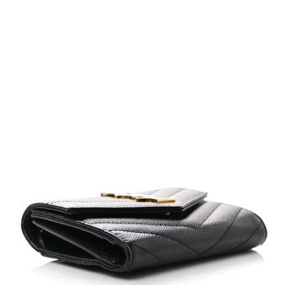 Saint Laurent Grain De Poudre Matelasse Chevron Monogram Compact Tri Fold Wallet Black 4 of 6