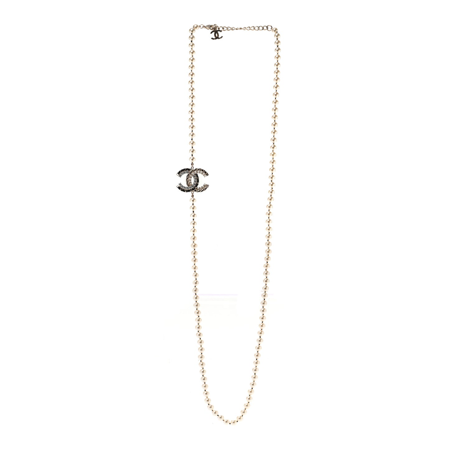 Pearl Crystal Lambskin CC Long Necklace Gold Black