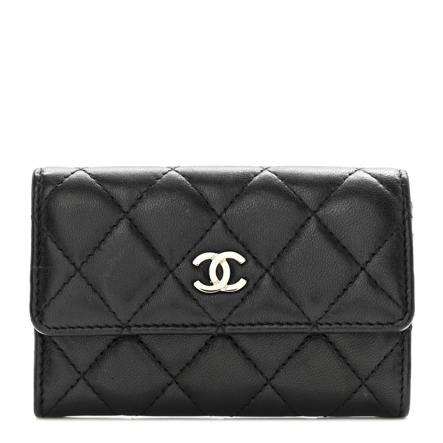 Lambskin Quilted Flap Card Holder Wallet Black