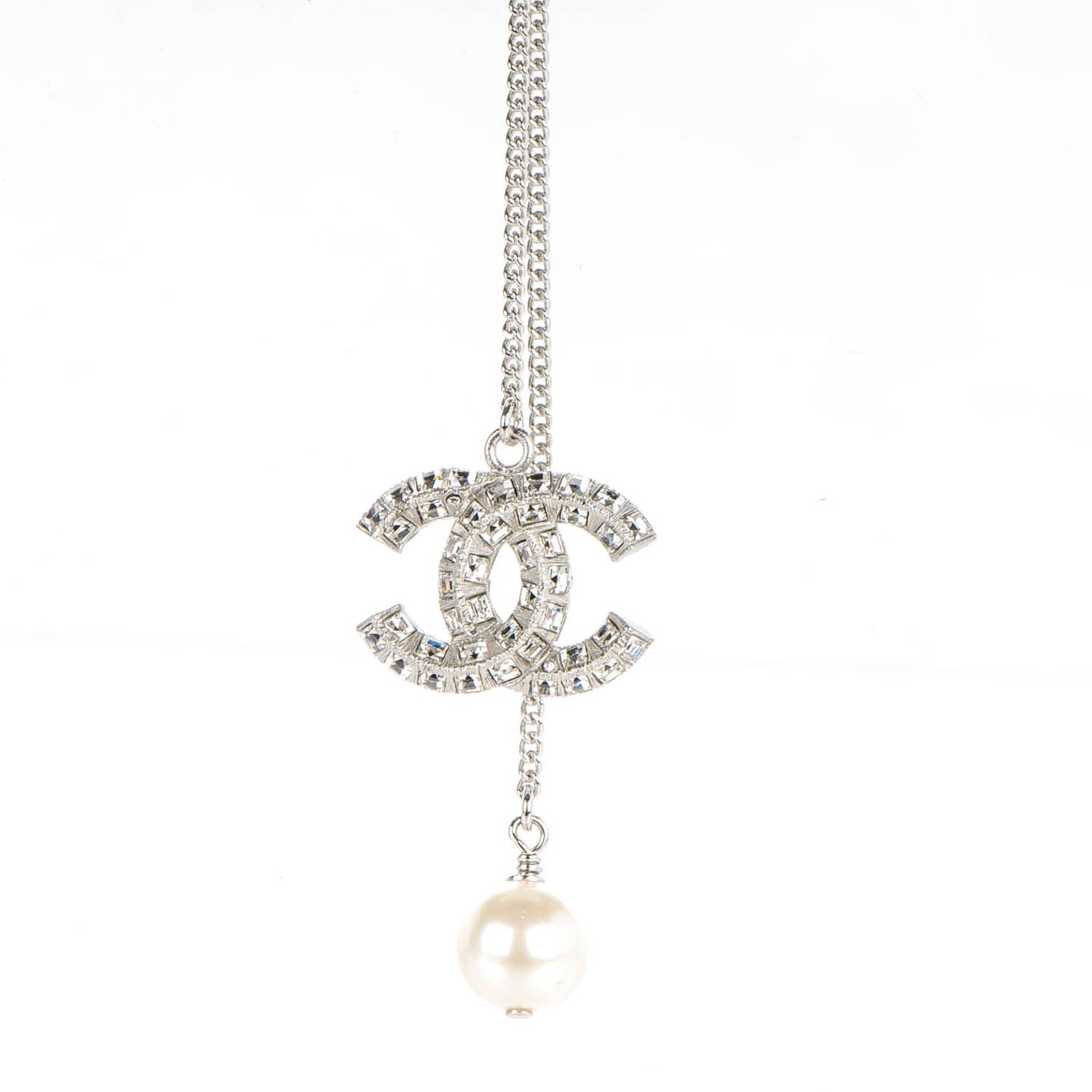 Chanel Baguette Crystal Pearl CC Lariat Necklace Silver 3 of 5