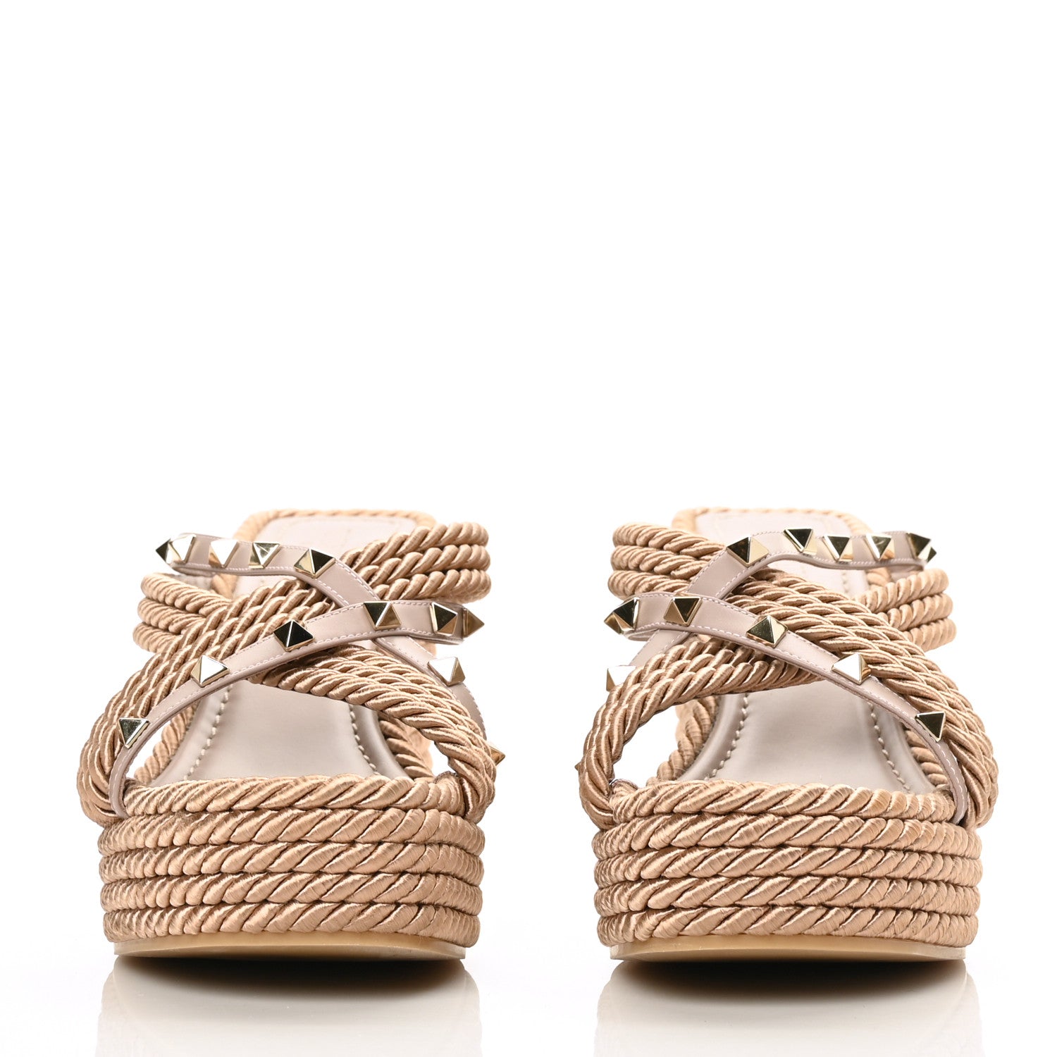 Valentino Garavani Calfskin Silk Rockstud Torchon Espadrille Wedge 25/95mm Slide Sandals 39 Poudre 2 of 8