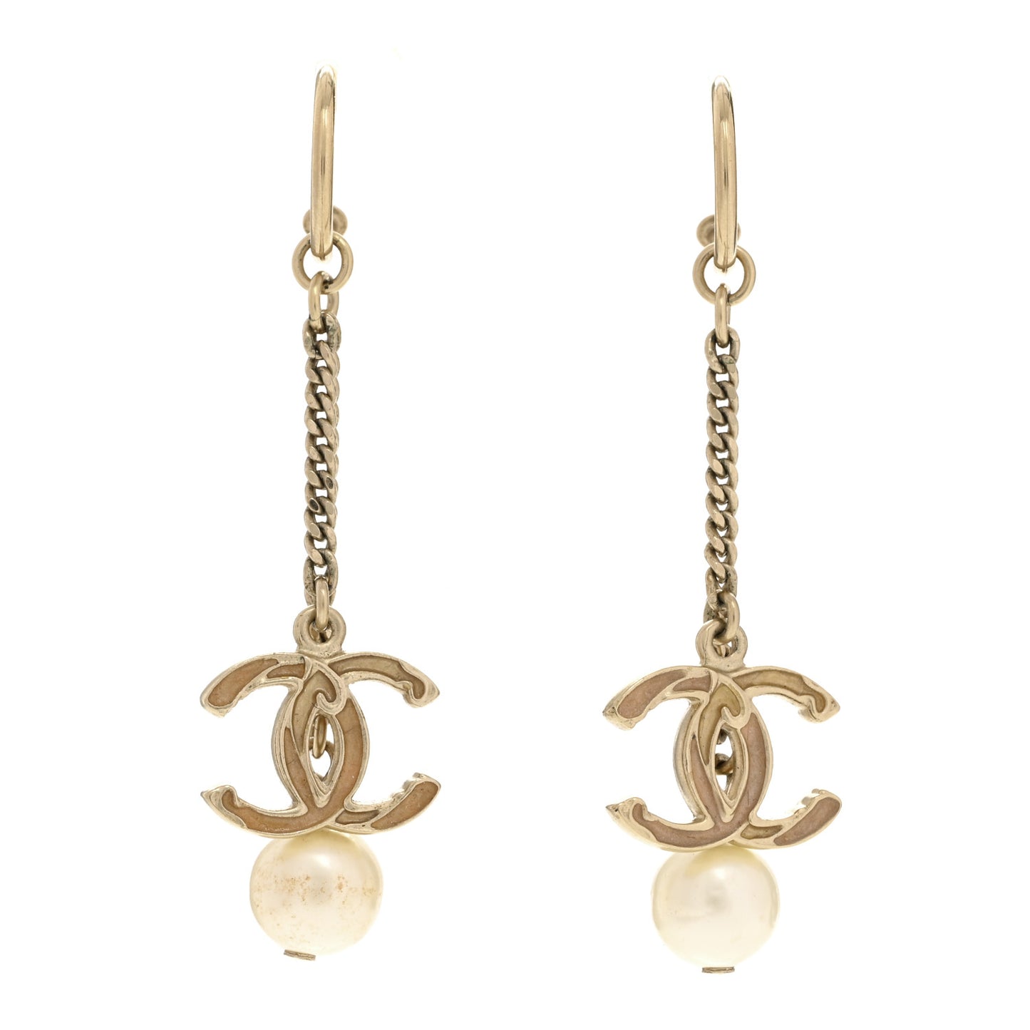 Pearl Enamel CC Chain Drop Earrings Gold