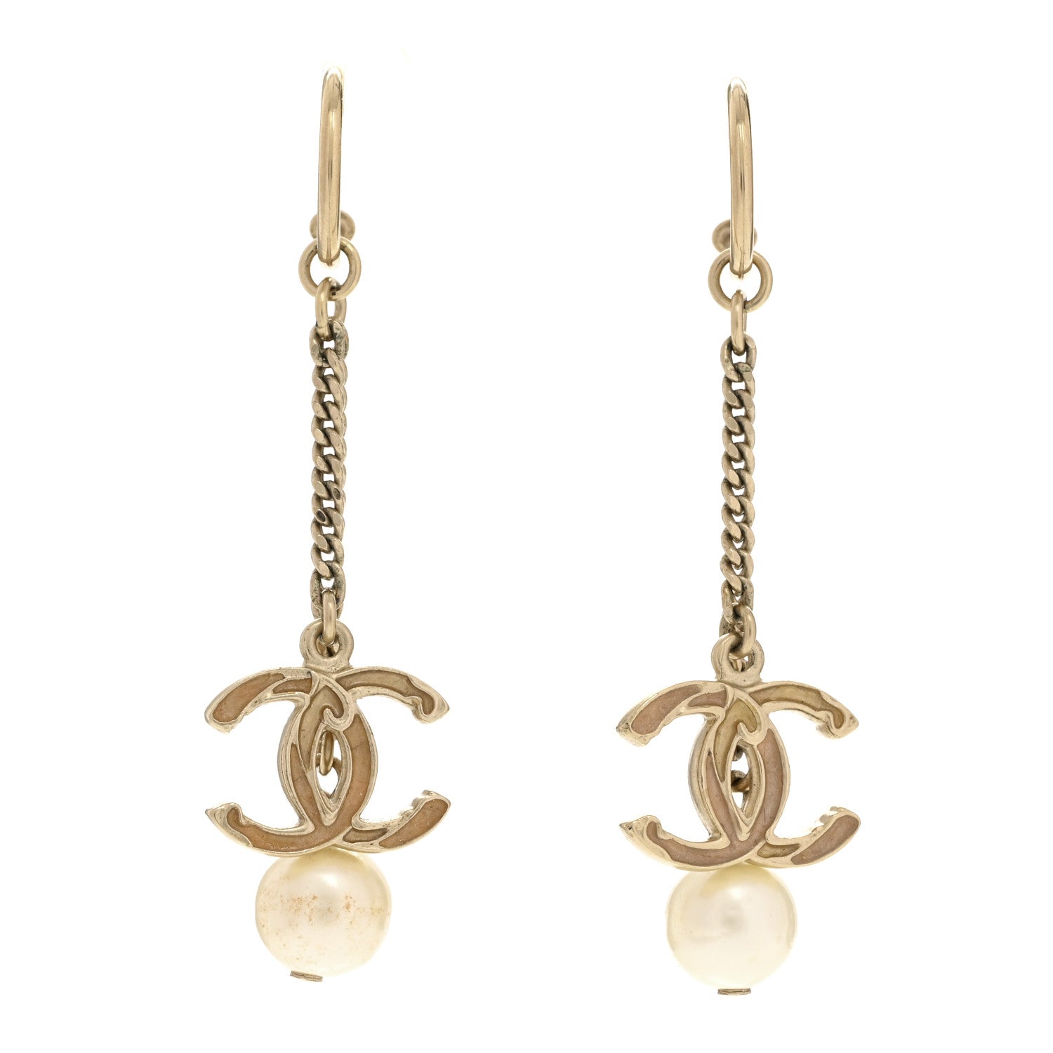 Chanel Pearl Enamel CC Chain Drop Earrings Gold 1 of 3