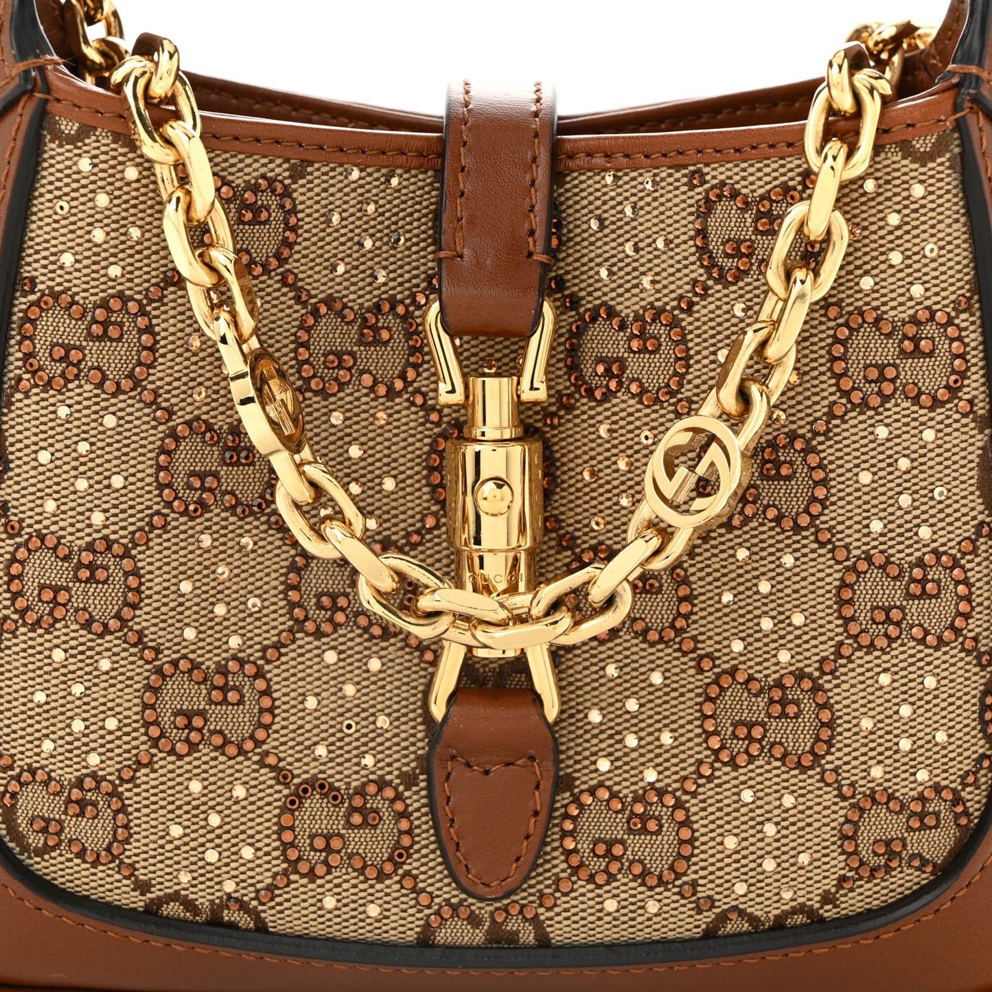 New Canvas Charisma Calfskin Crystal GG Monogram Mini Jackie 1961 Hobo Camel Ebony