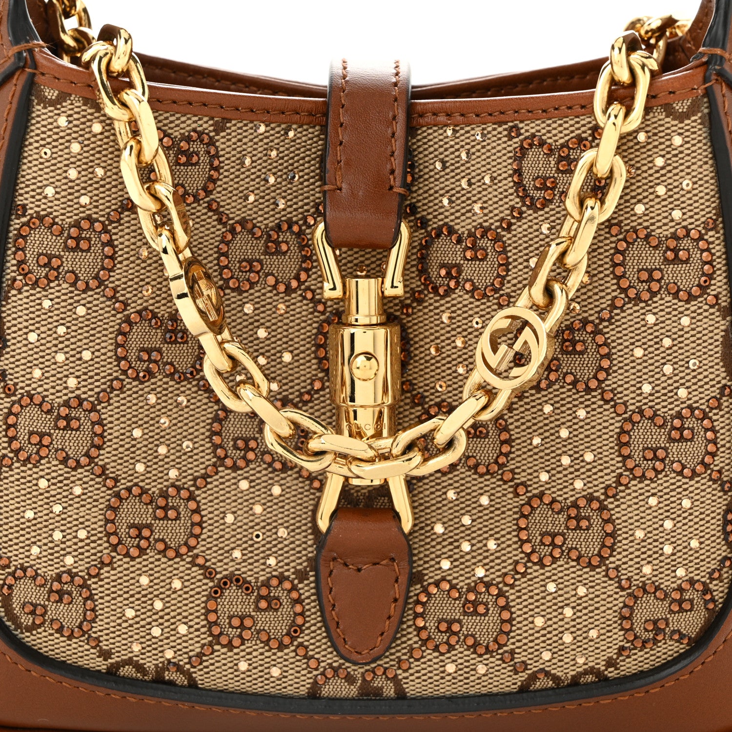 Gucci New Canvas Charisma Calfskin Crystal GG Monogram Mini Jackie 1961 Hobo Camel Ebony 8 of 11