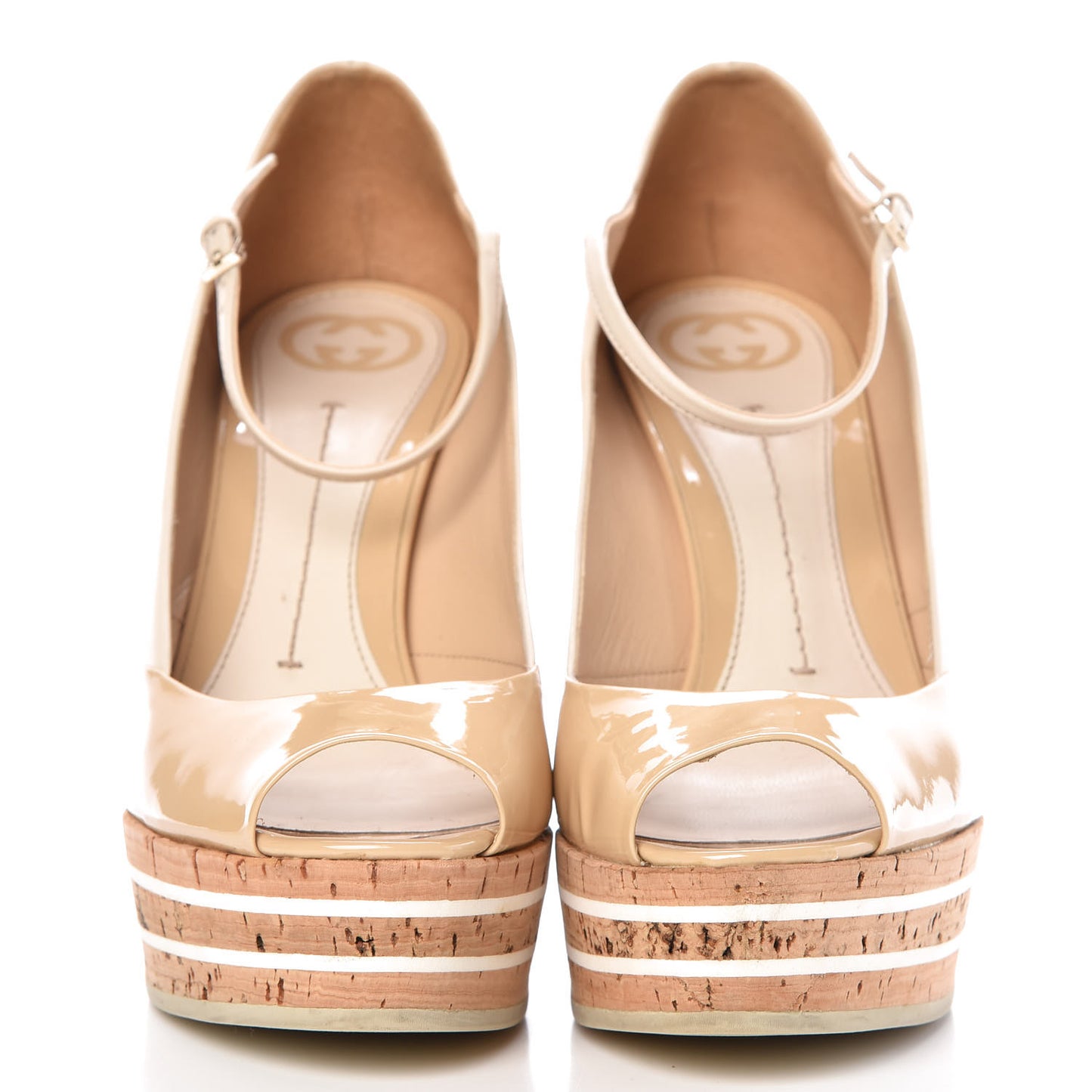 Patent Cork Eilin Striped Wedge Sandals 38.5 Nude