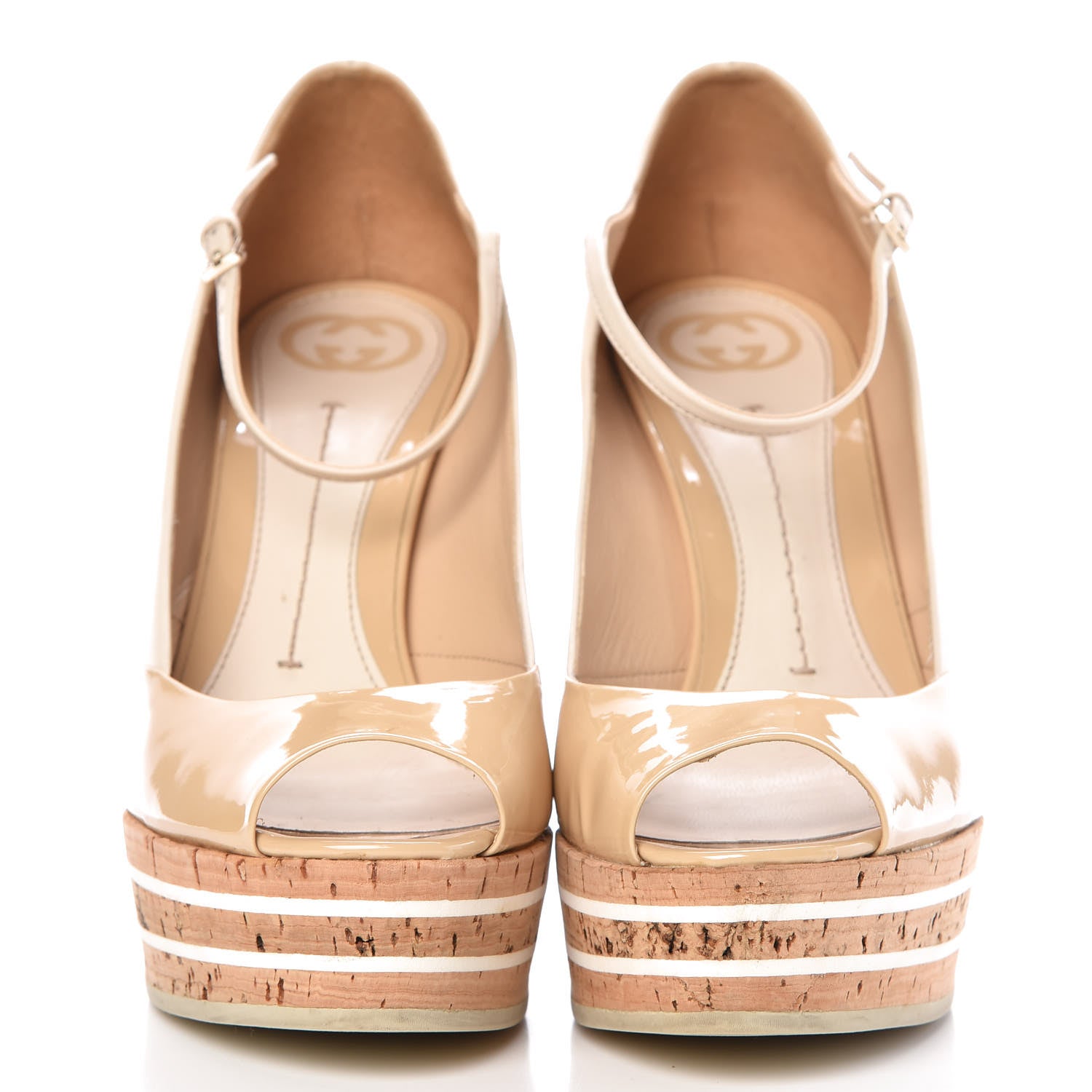 Gucci Patent Cork Eilin Striped Wedge Sandals 38.5 Nude 2 of 8