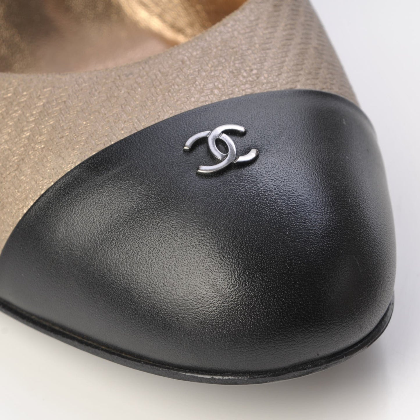 Embossed Lambskin Calfskin CC Cap Toe Pumps 38.5 Black