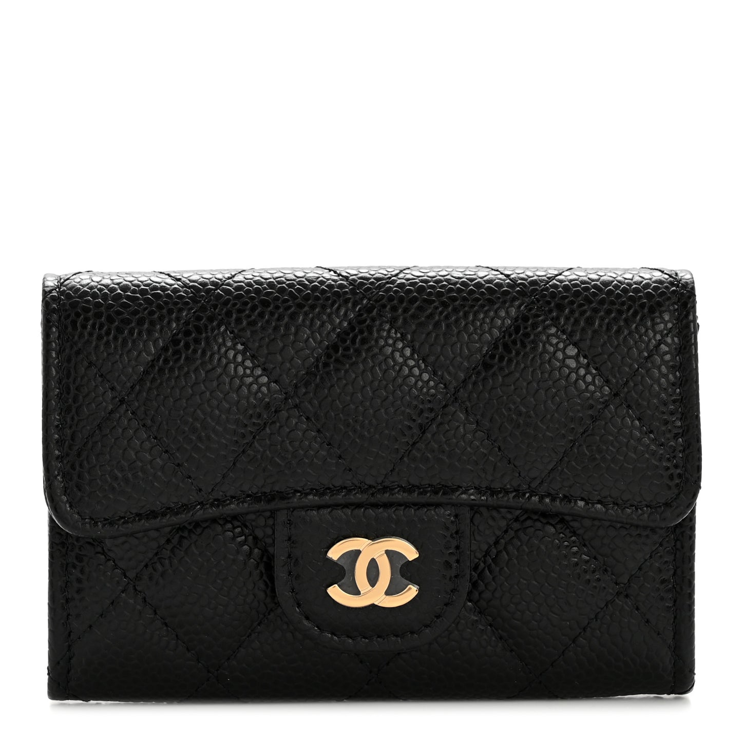 Caviar Quilted Flap Card Holder Wallet Black