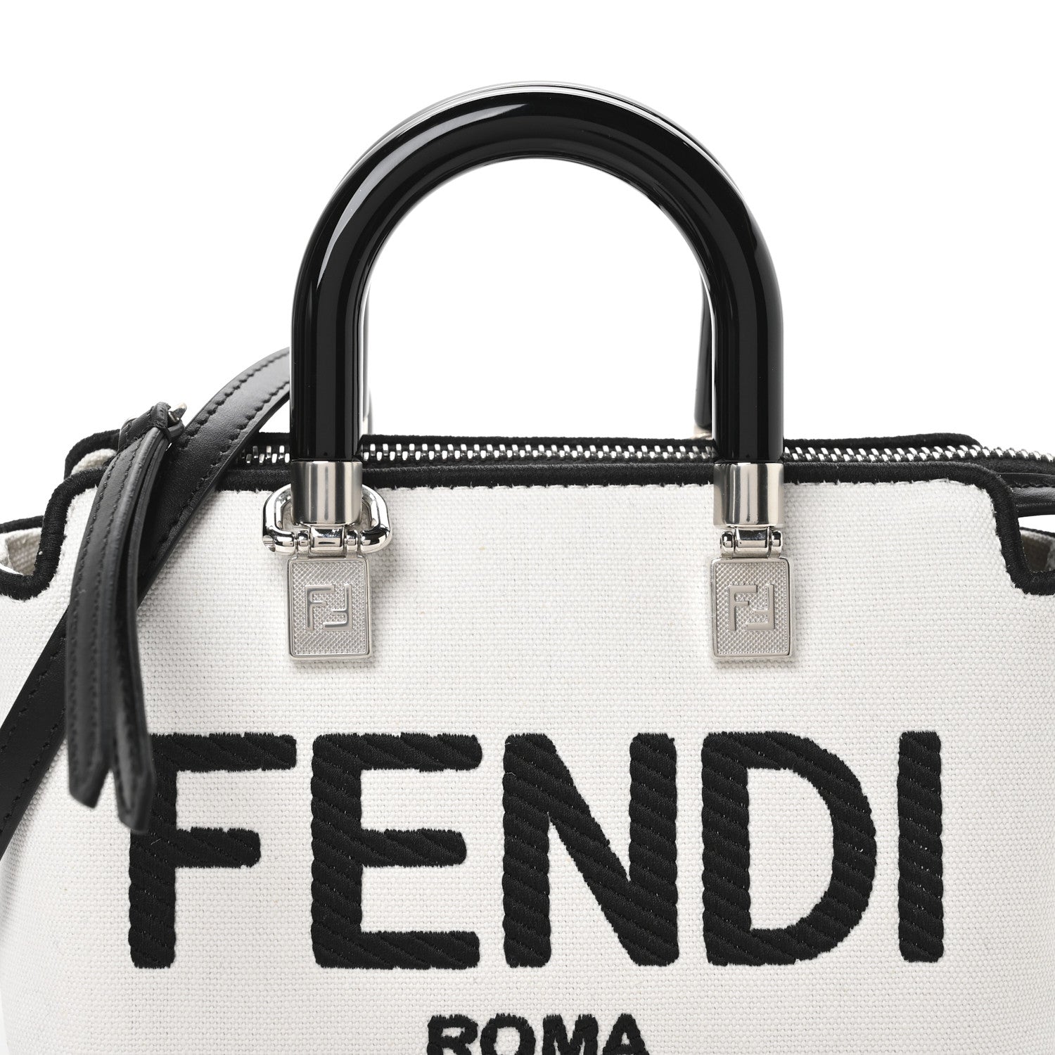 Fendi Canvas Vitello King Plexiglass Logo Embroidered Mini By The Way Top Handle Boston Bag White Rice Black 8 of 11
