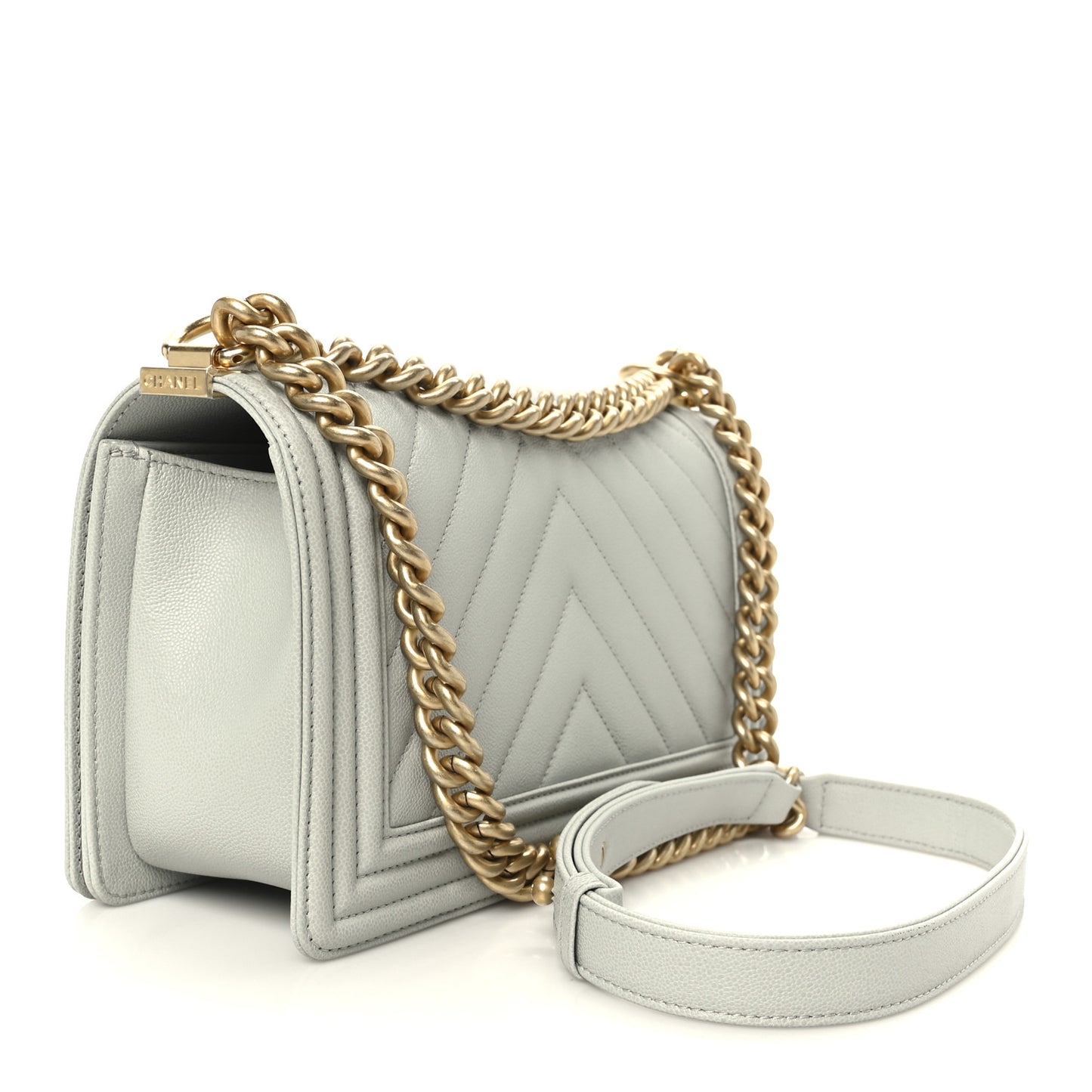 Caviar Chevron Quilted Medium Boy Flap Light Grey