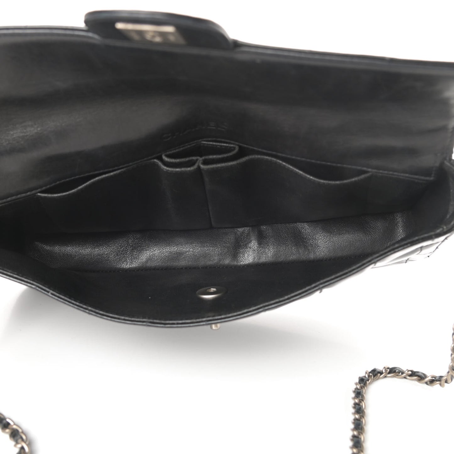 Patent Quilted East West Chocolate Bar Flap Black