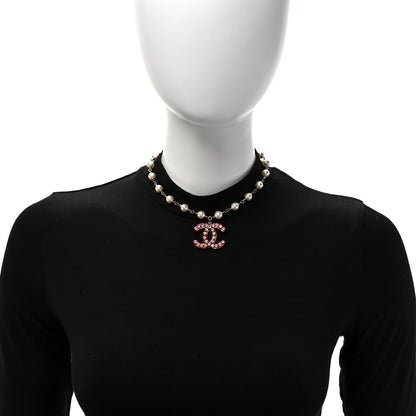 Chanel Pearl Crystal Resin CC Necklace Pink Gold White 2 of 5
