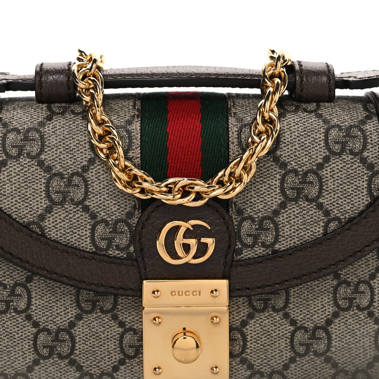 Gucci GG Supreme Monogram Textured Dollar Calfskin Web Mini Ophidia Padlock Top Handle Chain Shoulder Bag Beige Ebony New Acero 8 of 10