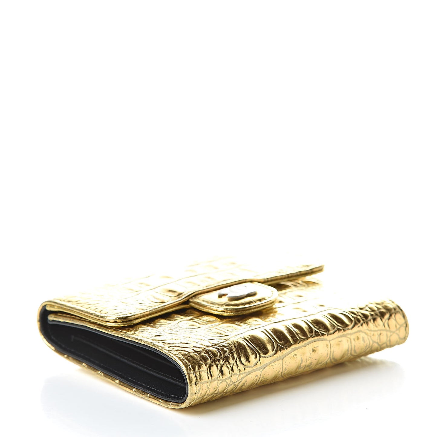 Metallic Calfskin Crocodile Embossed Cocodile Compact Flap Wallet Gold