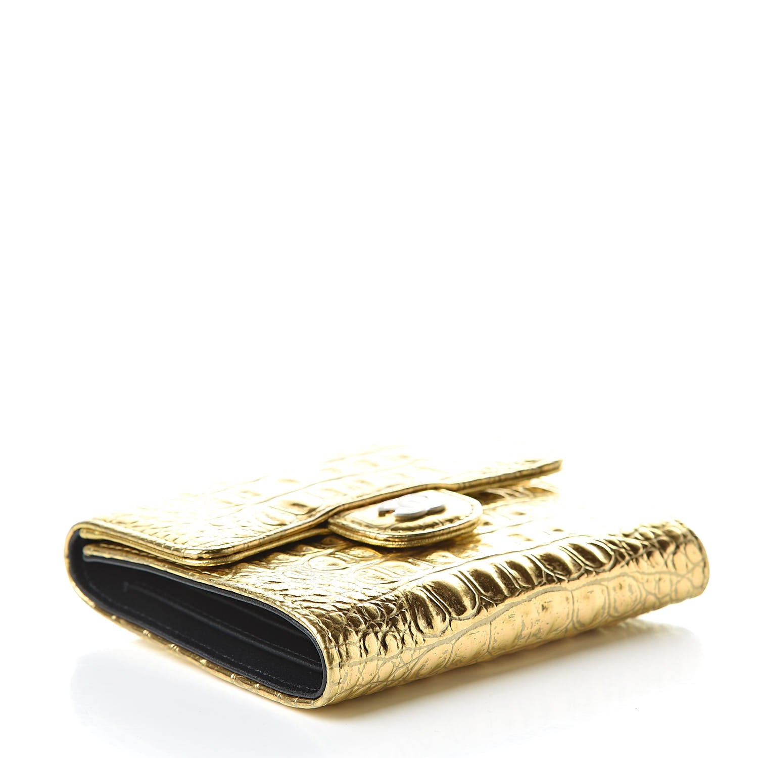 Chanel Metallic Calfskin Crocodile Embossed Cocodile Compact Flap Wallet Gold 4 of 10