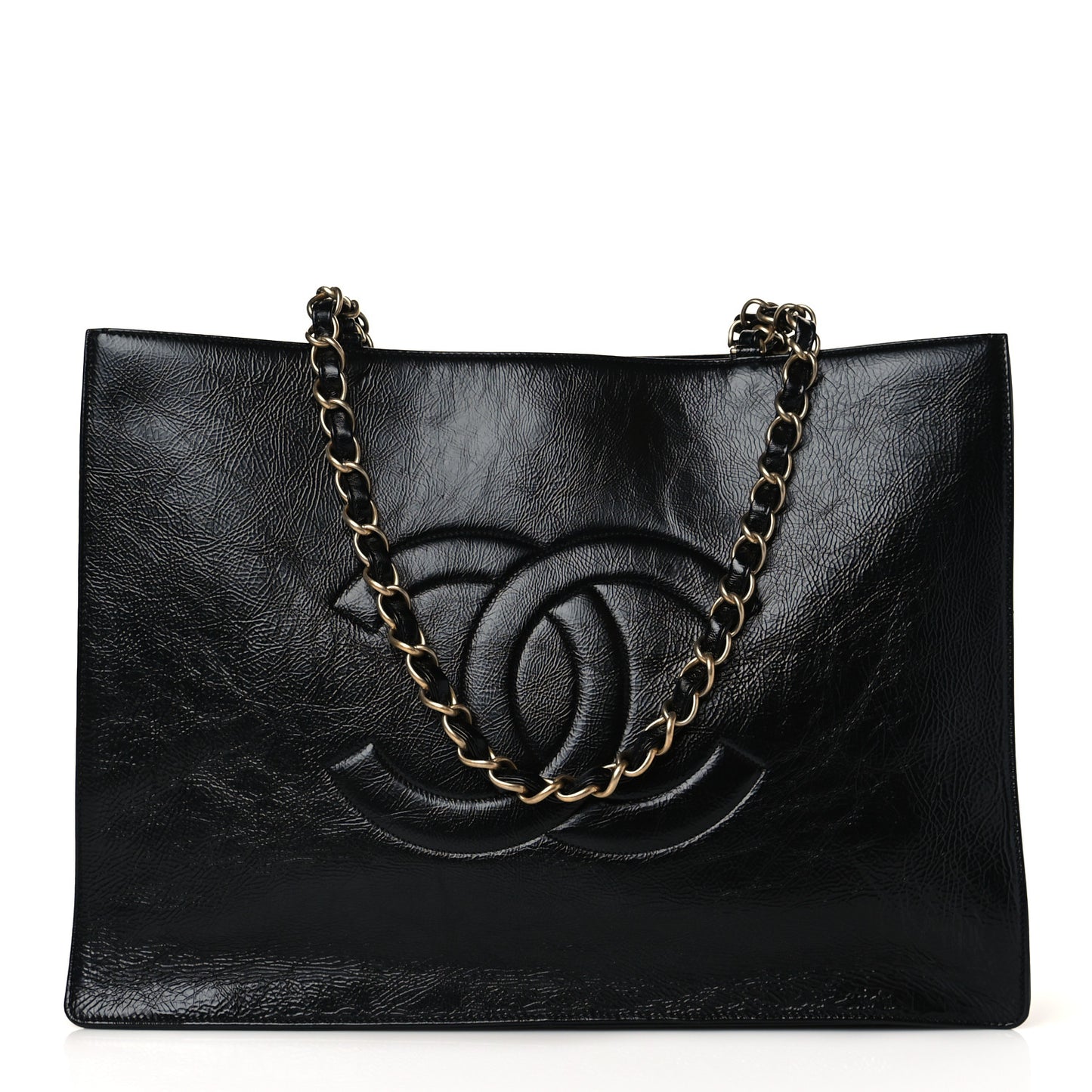 Shiny Aged Calfskin Shopping Bag Black