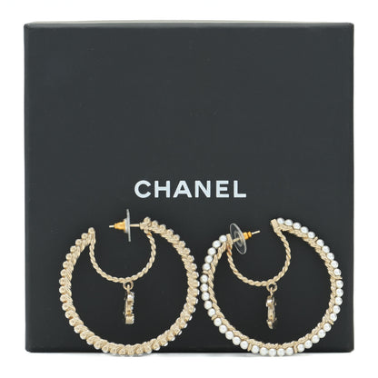 Chanel Crystal Pearl CC Drop Hoop Earrings Gold Pearly White 5 of 5