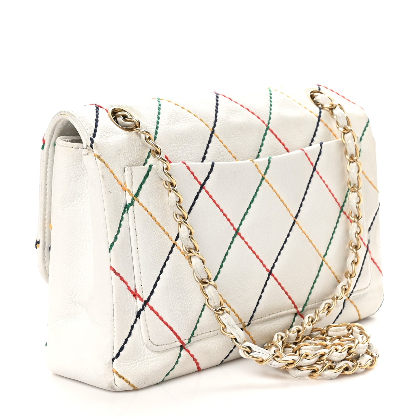 Goatskin Multicolor Stitch Single Flap White