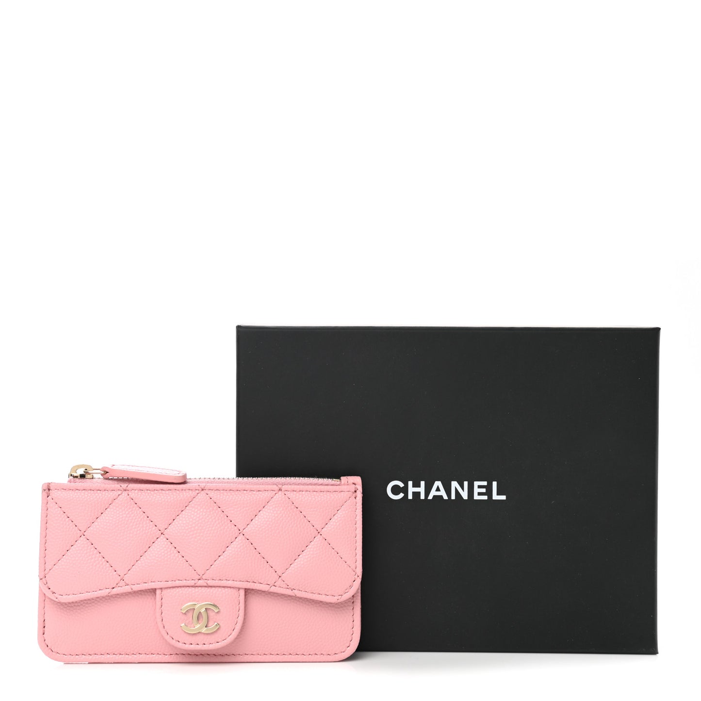 Caviar Quilted Flap Zip Card Holder Pink