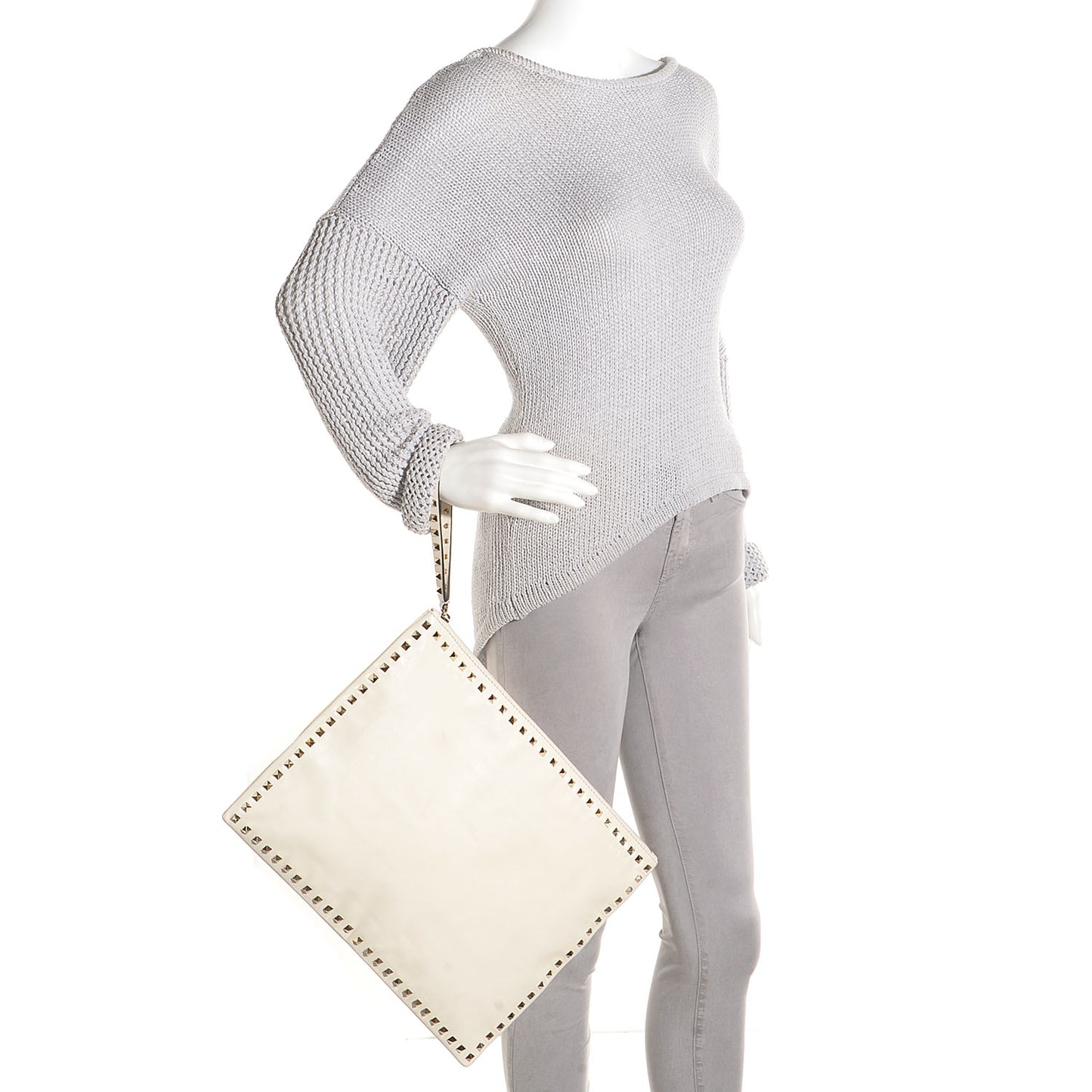 Vitello Oversized Rockstud Zip Wristlet Pouch Light Ivory