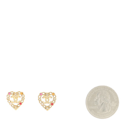 Chanel Pearl Crystal CC Heart Earrings Gold Multicolor 2 of 5