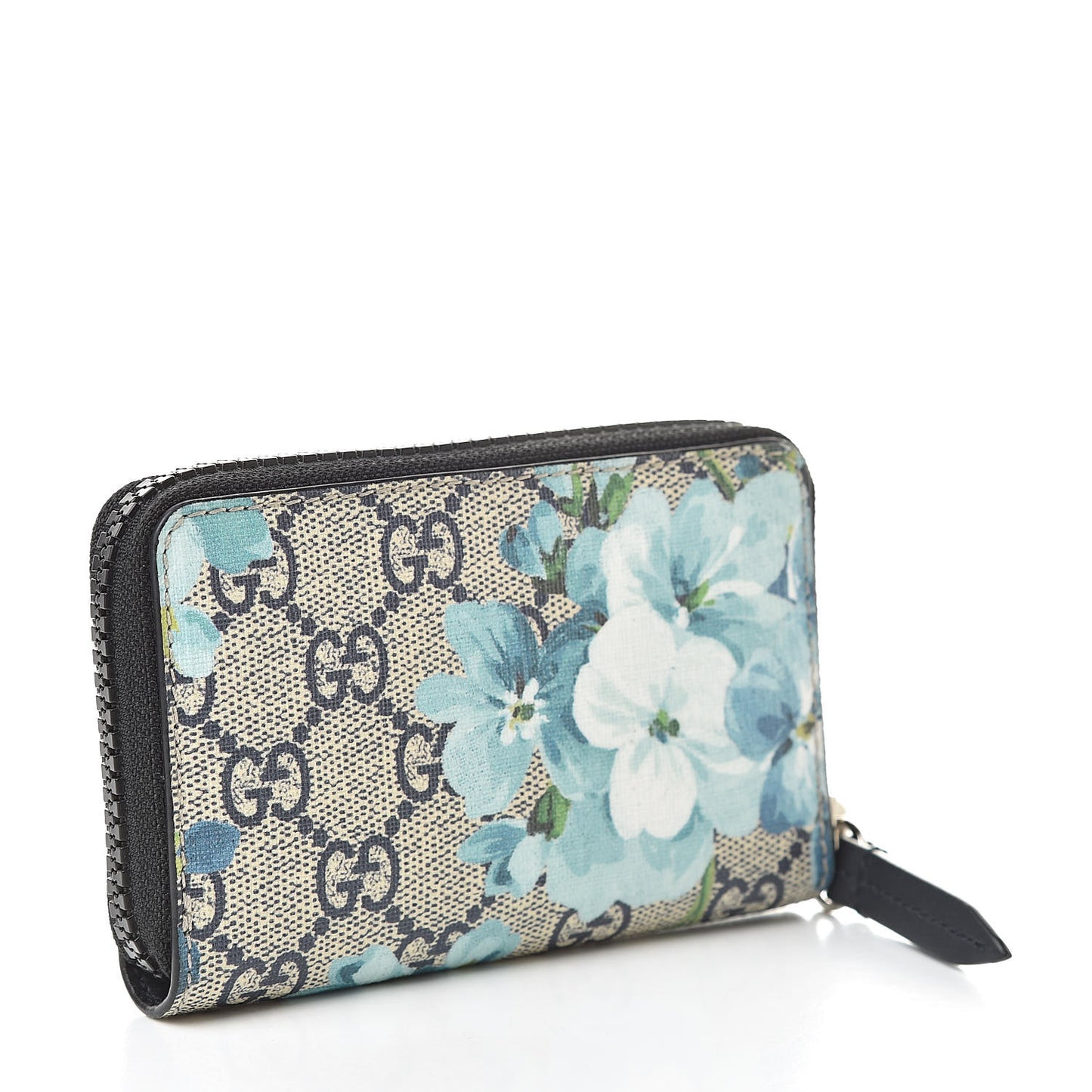 GG Supreme Monogram Blooms Zip Around Card Case Wallet Beige Blue Navy