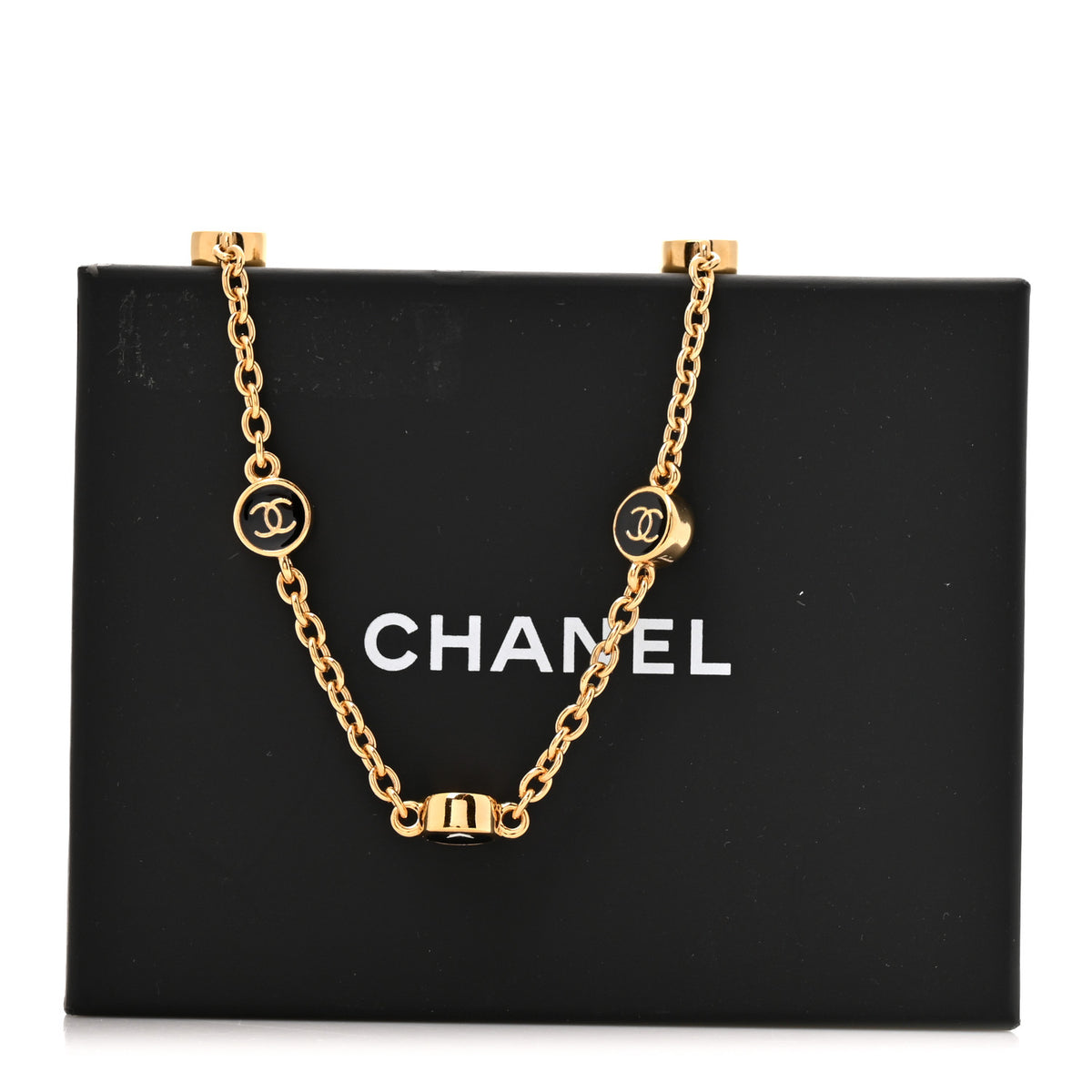 Metal Enamel CC Crystal Necklace Gold Black