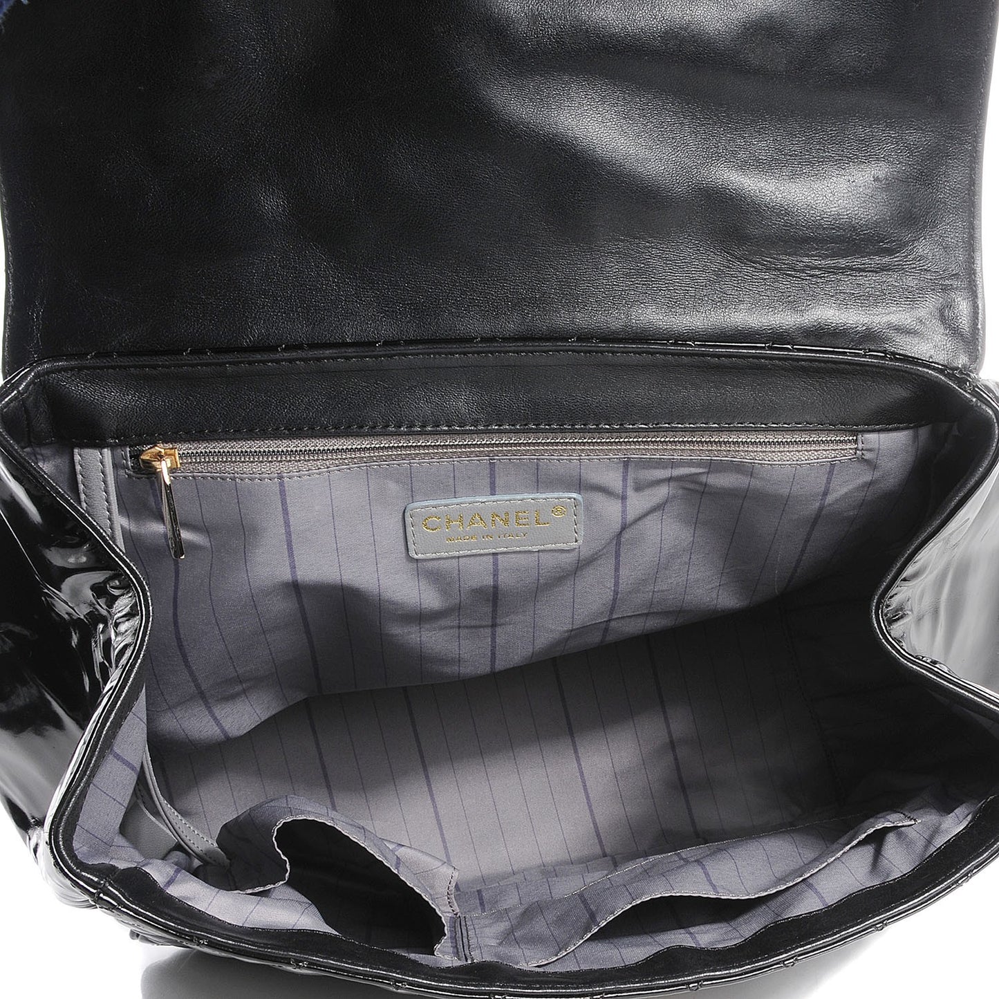 Glazed Calfskin Quilted Large Mademoiselle Flap Black
