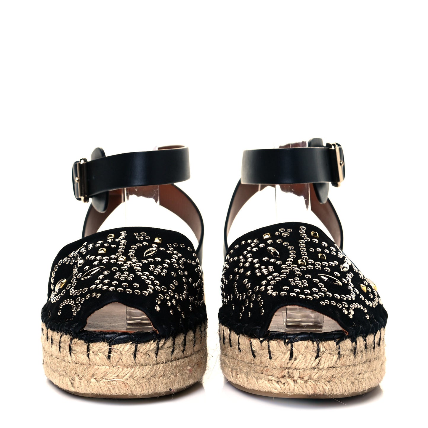 Suede Studded Peep Toe Ankle Wrap Flatform Espadrilles 38 Black