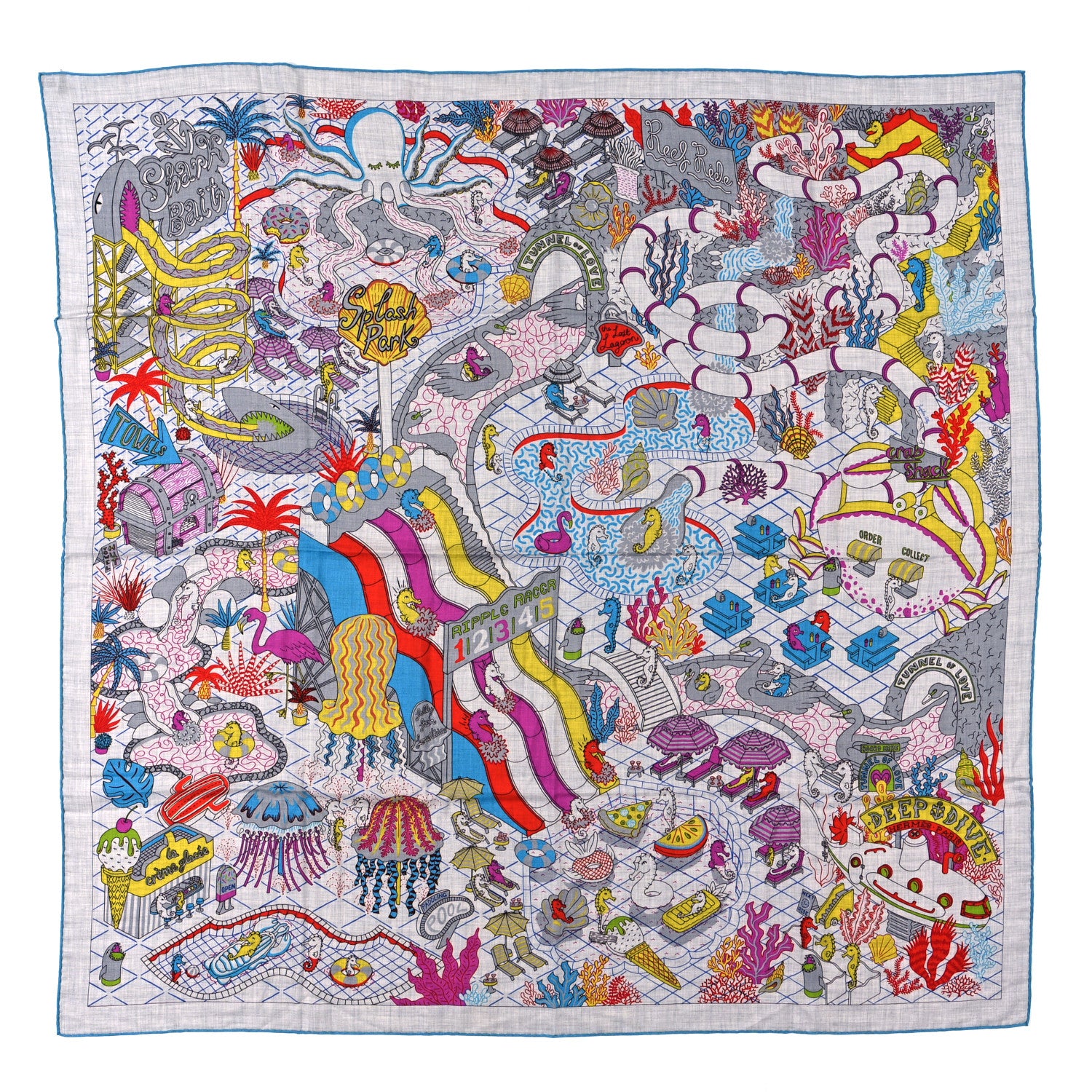 Hermes Cashmere Silk Splash Park Shawl 140 Gris Chine Bleu Turquoise 1 of 5
