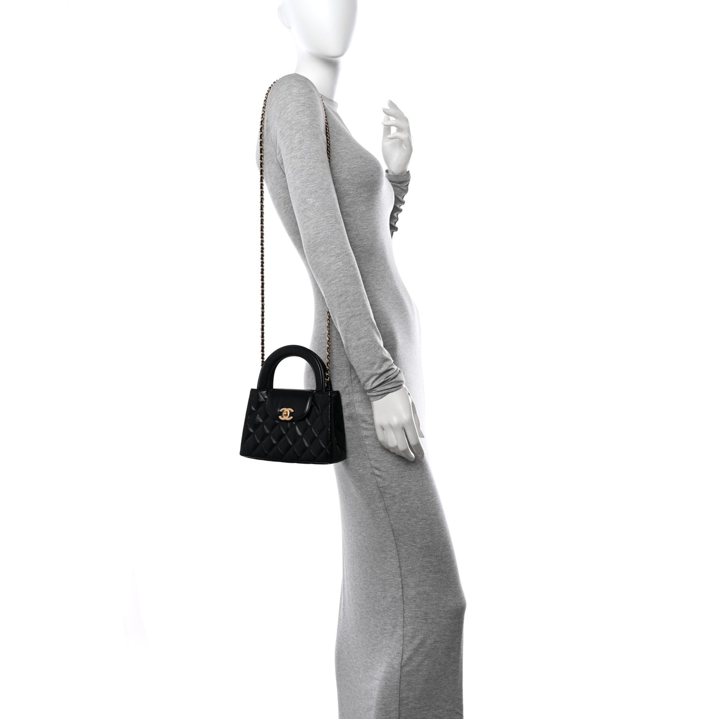 Shiny Aged Calfskin Quilted Nano Kelly Shopper Black