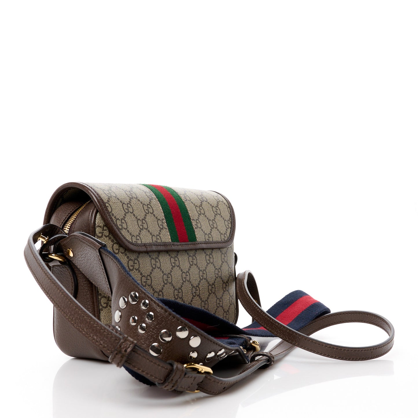 GG Supreme Monogram Textured Dollar Calfskin Web Studded Mini Ophidia Flap Shoulder Bag Beige Ebony New Acero