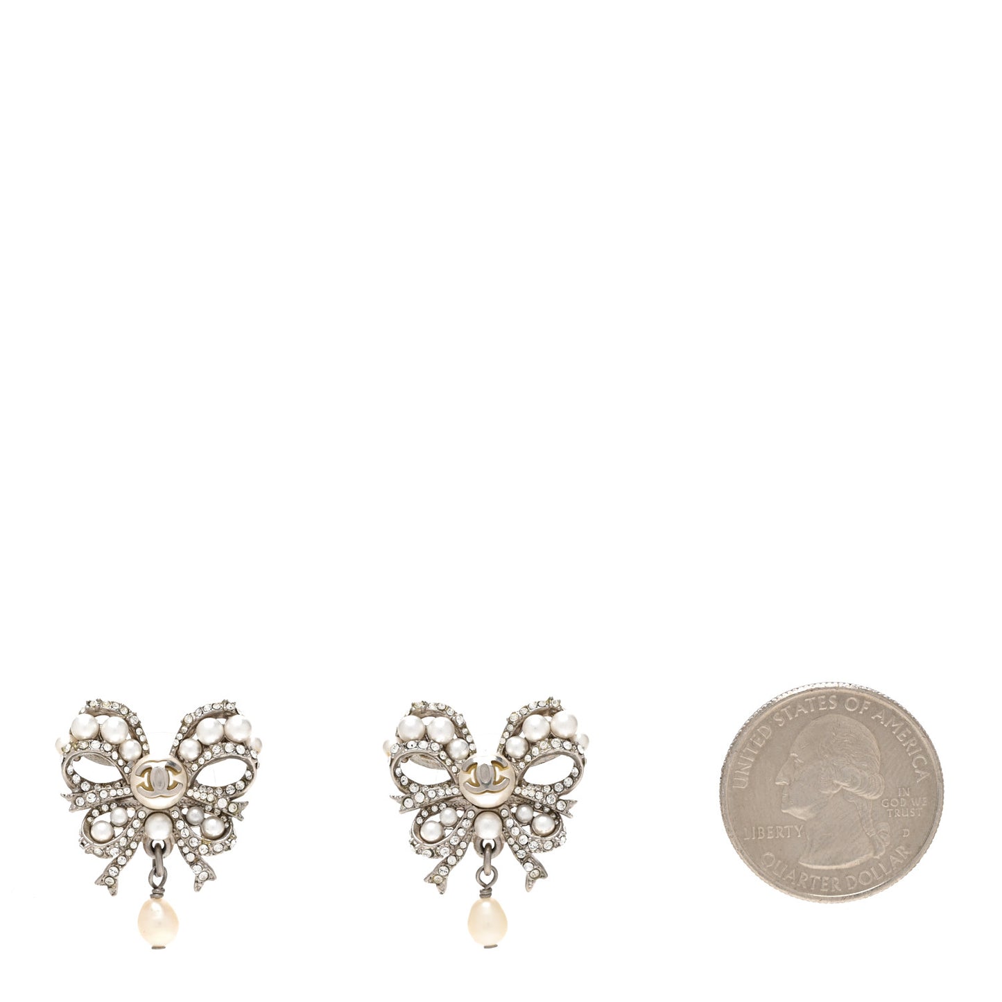 Crystal Pearl Bow CC Earrings Silver