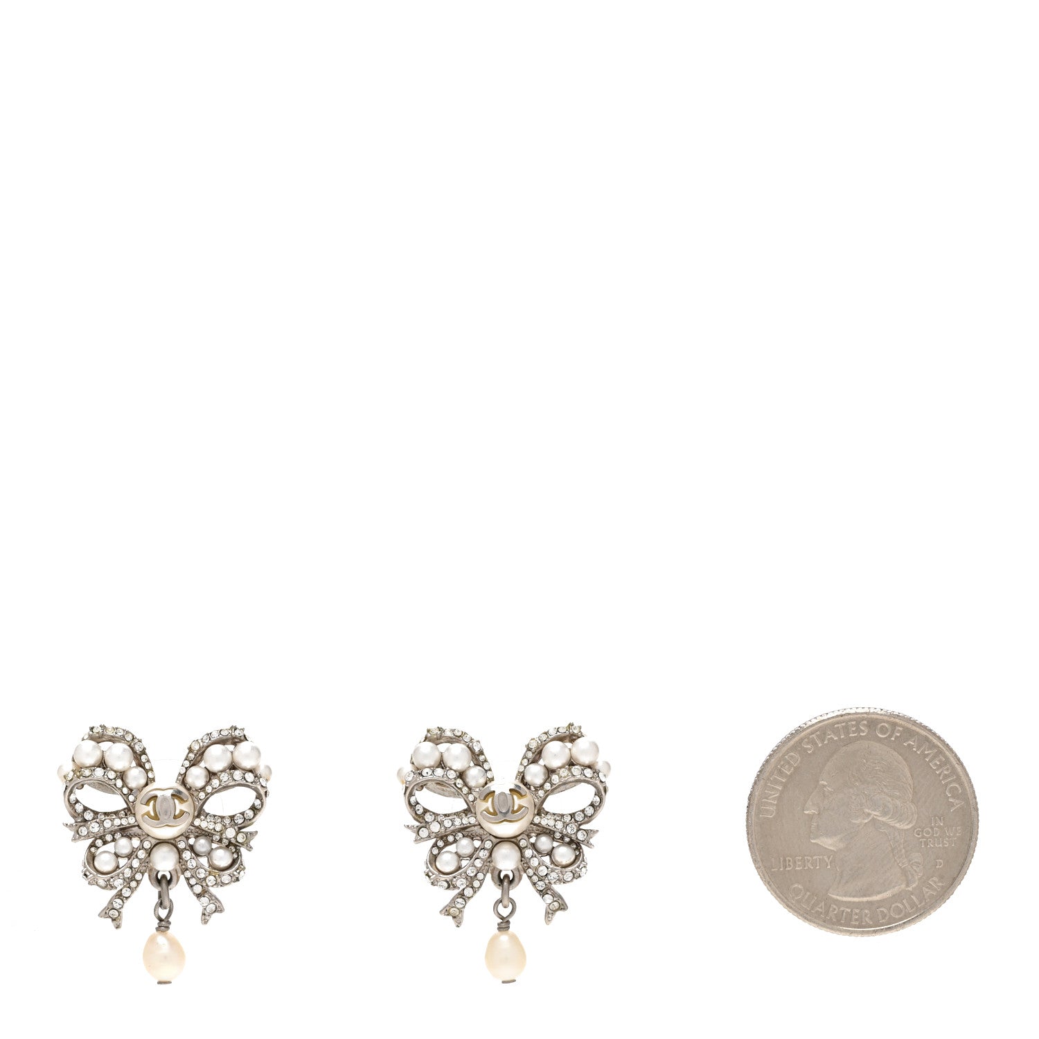 Chanel Crystal Pearl Bow CC Earrings Silver 2 of 5
